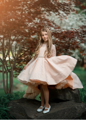 Apricot Pink Beaded Satin Tulle High Low Flower Girl Dress